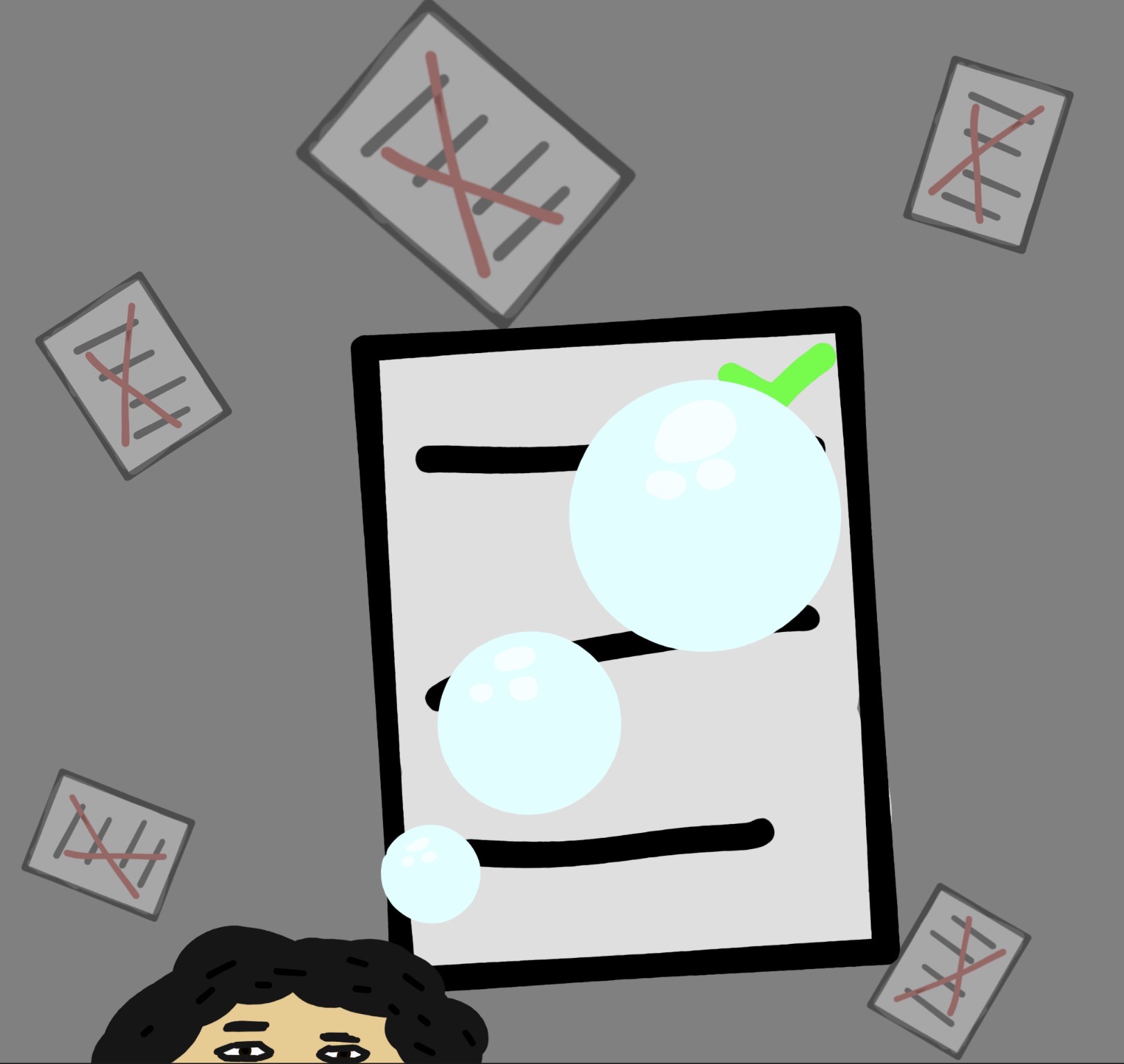 Max's creative process — ideas as bubbles with crossed-out drafts around them