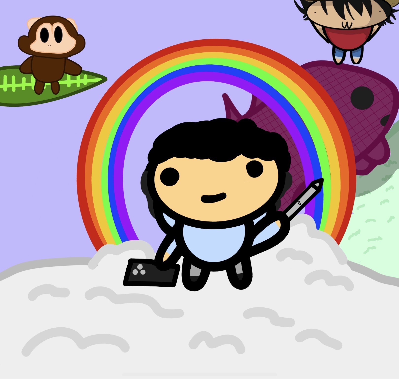 A self-portrait of Max with a rainbow, his pet monkey, and friends